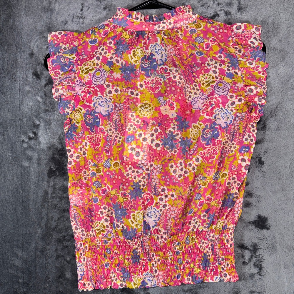 Joie Pink Floral Smocked Waist Blouse Metallic Gold Accents XS 1259453 - Picture 2 of 11